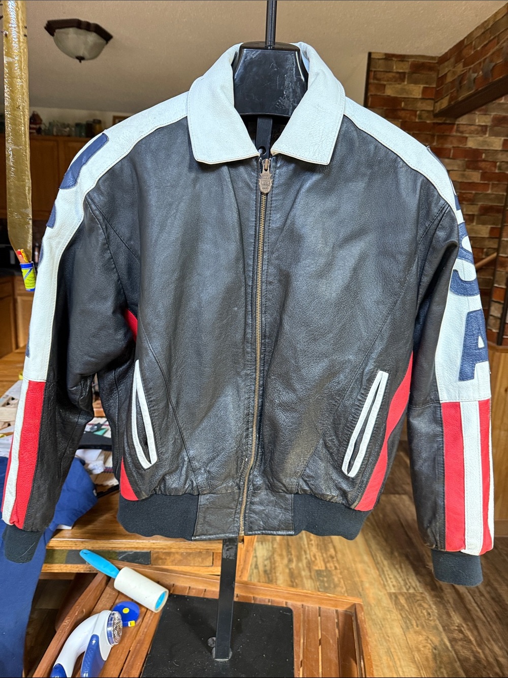 Michael Hoban Black Leather Bomber Jacket with Red & White Stripes